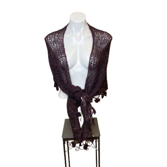 Hand knit burgundy and gray mohair triangle scarf size 78” X 23” - Picture 2 of 13